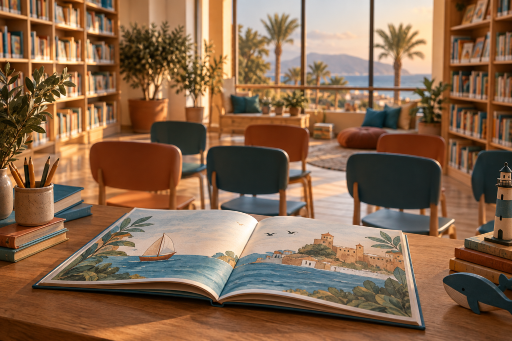 Libro ilustrado abierto en una biblioteca mediterránea preparada para una presentación