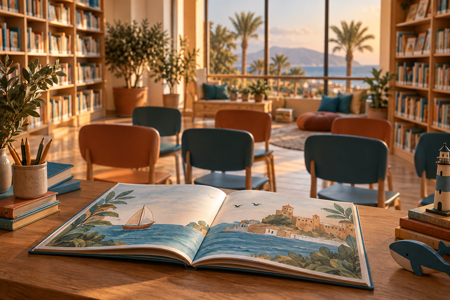 Libro ilustrado abierto en una biblioteca mediterránea preparada para una presentación